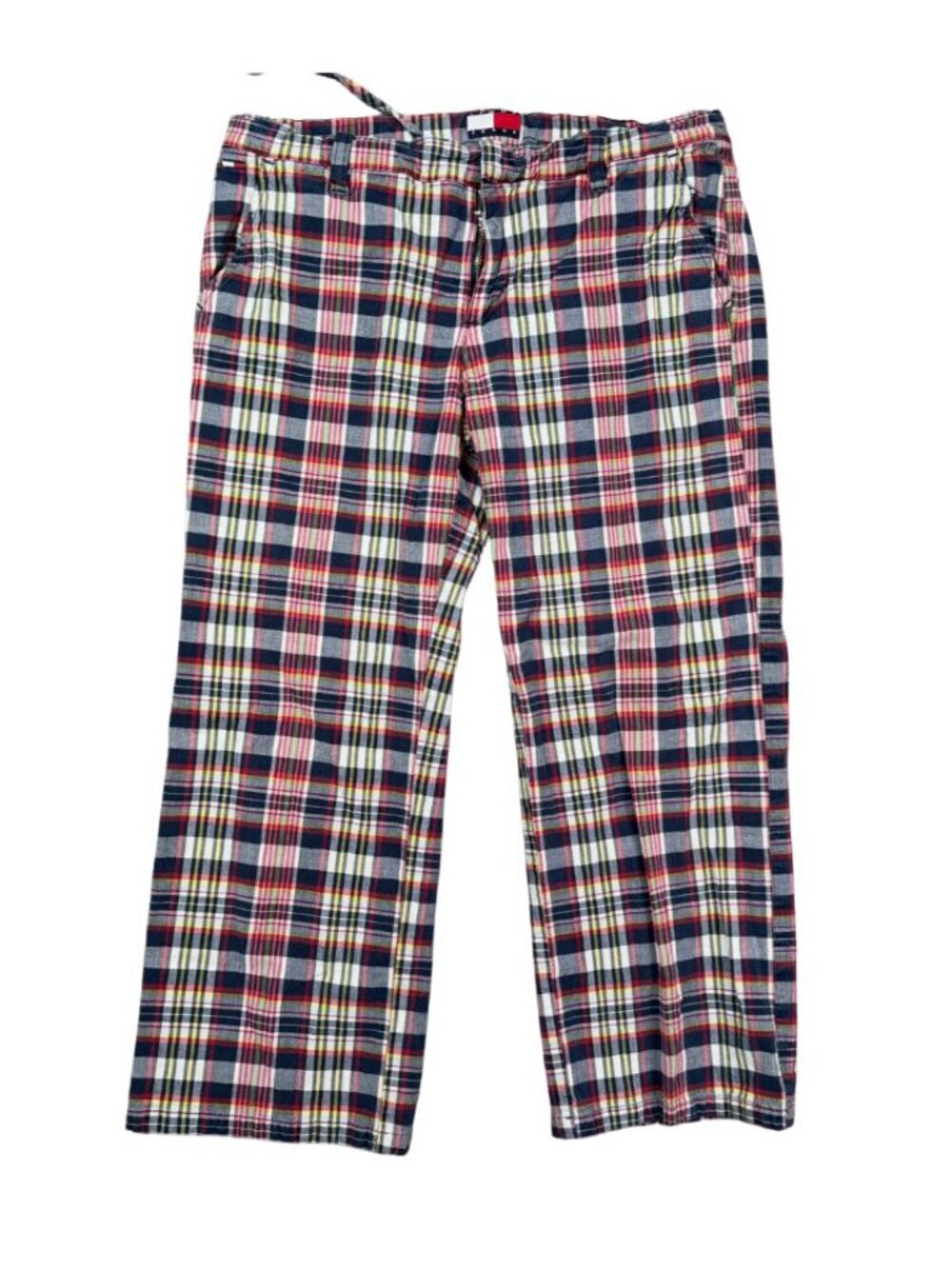Vintage Y2K Tommy Jeans Plaid Capri Pants Women 7 Red Navy Crop Cotton Low Rise
